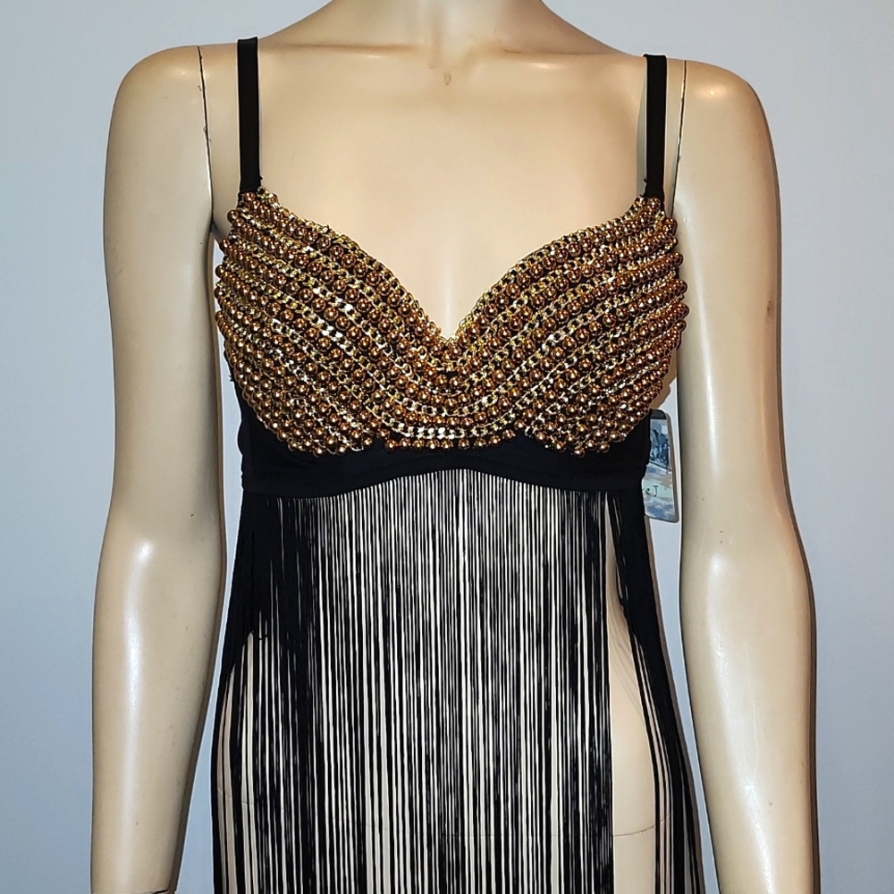 Love J gold corset style bra top with long black fringe sz L NWT